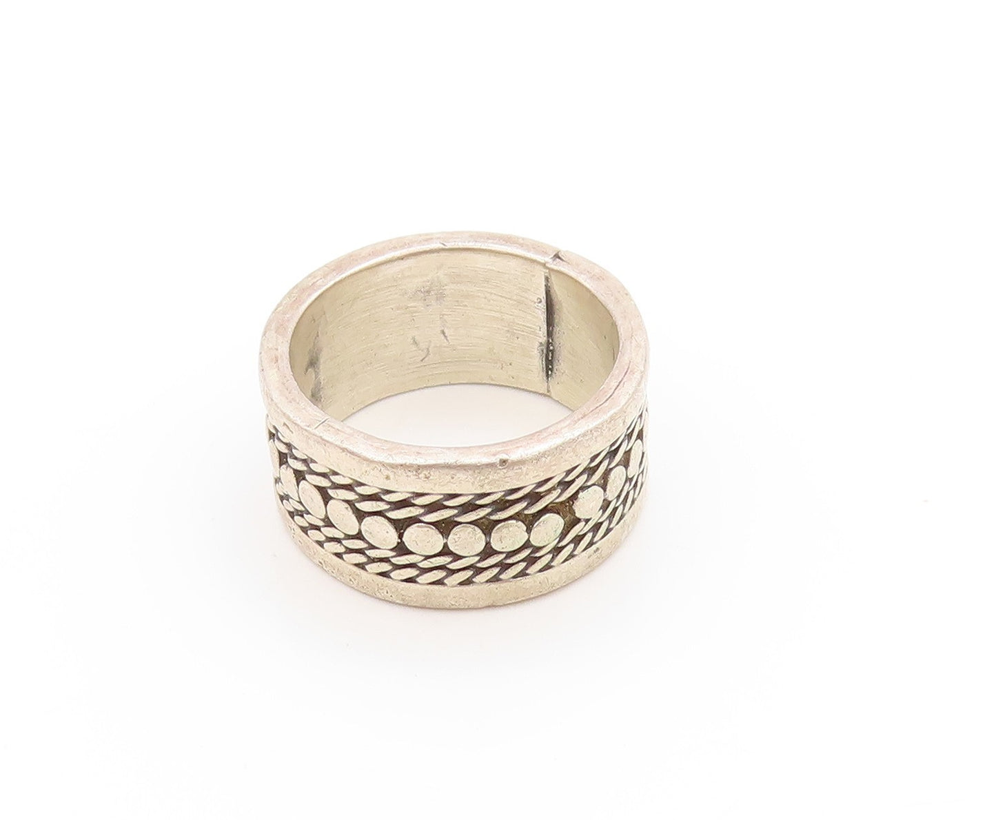925 Sterling Silver Vintage Ring MEXICO Etched Dotted Wide Band  Sz 9.5  RG33610