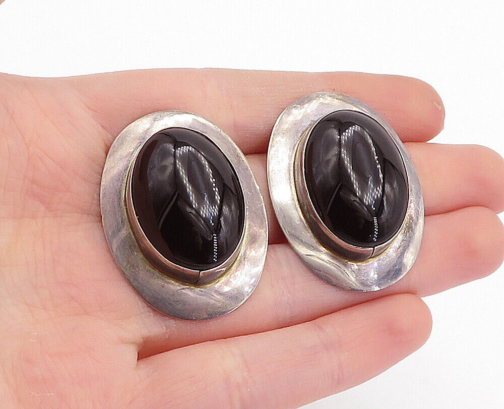 925 Sterling Silver  Vintage Cabochon Cut Black Onyx Drop Earrings  EG2759