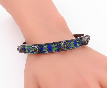 925 Sterling Silver Vintage Bracelet Antique Enameled CZ Flowers Bangle  BT11322