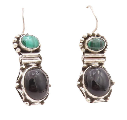925 Sterling Silver Vintage Earrings Beaded Onyx & Malachite  EG13058