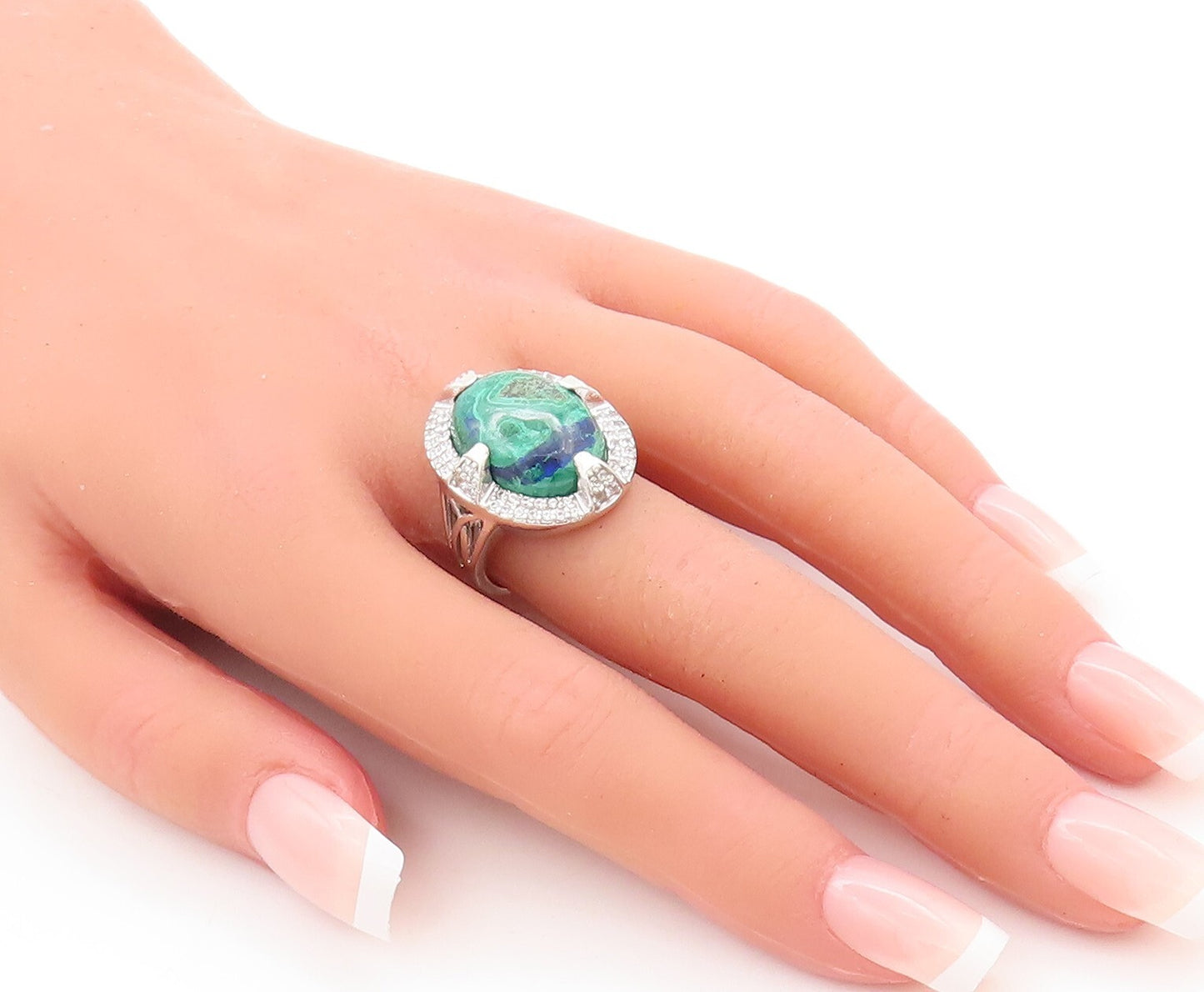 925 Sterling Silver Vintage Ring Oval Azurite Halo CZ Frame  Sz 7 RG29352