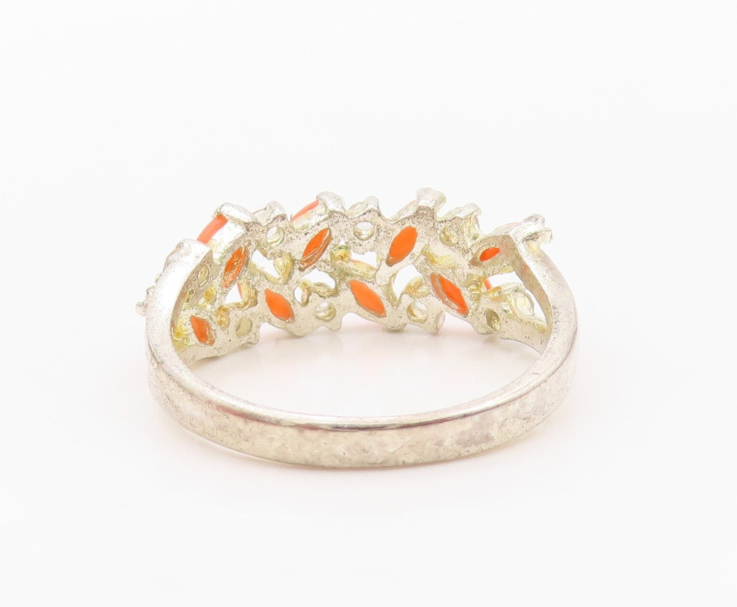925 Sterling Silver Vintage Ring Marquise Shape Orange Gemstones  Sz 6  RG32077