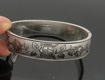 HAYWARD 925 Silver  Vintage Shiny Rose Flower Motif Bangle Bracelet  BT8307