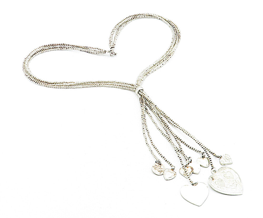 925 Sterling Silver Vintage Multi Strand Hearts Lariat Chain Necklace NE1072