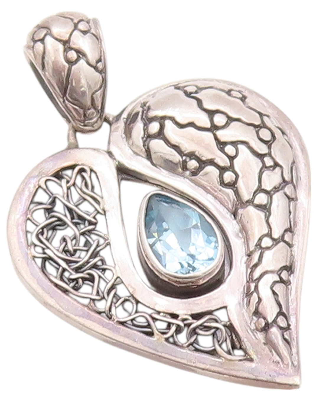 925 Sterling Silver Vintage Pendant Drop Cut Blue Topaz Carved Heart  PT24009