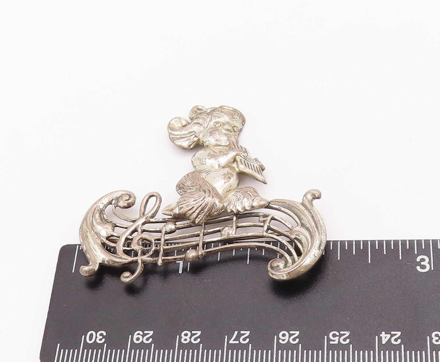 925 Sterling Silver Vintage Brooch Pin LANG Child Playing Musical Notes  BP10848