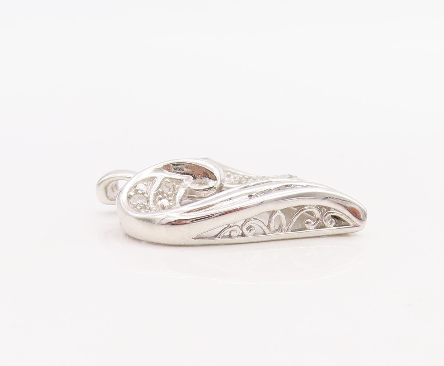 925 Sterling Silver Vintage Pendant Real Diamonds Inlay Cutout Heart  PT23508