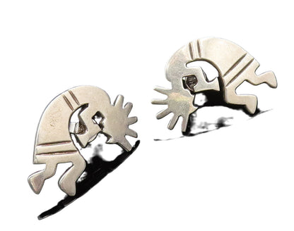 MEXICO 925 Silver  Vintage Carved Kokopelli Dancer Stud Earrings  EG12198