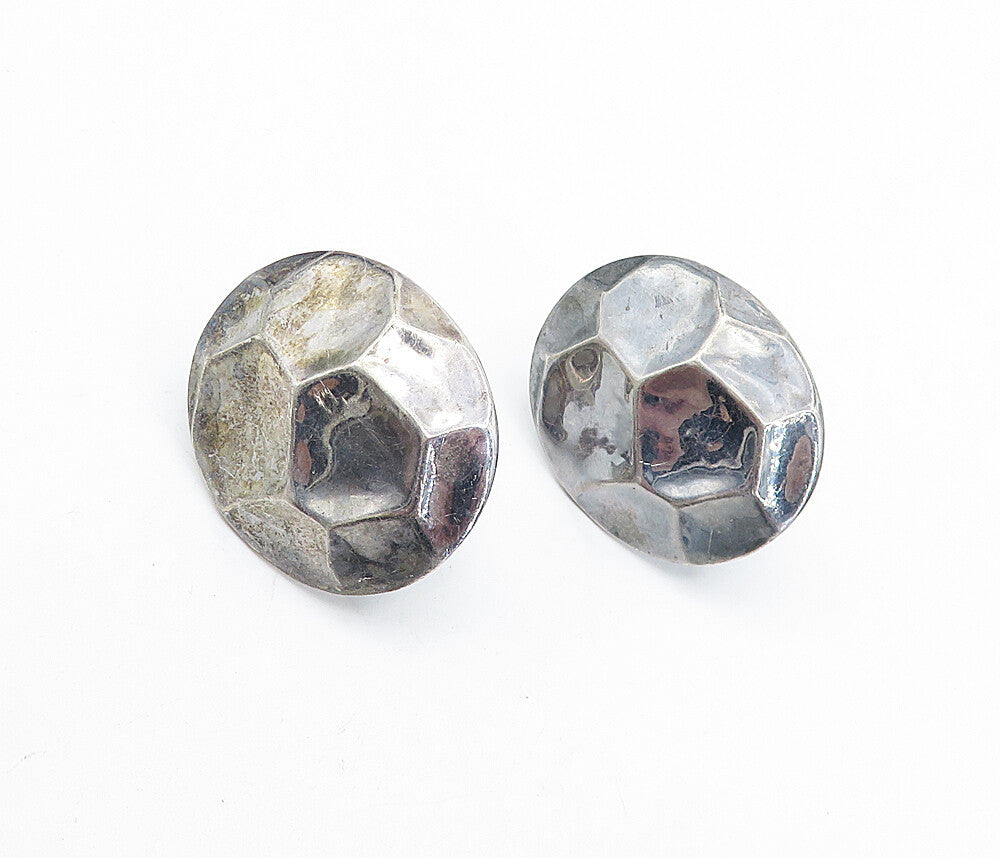 925 Sterling Silver  Vintage Shiny Dark Tone Dented Non Pierce Earrings EG2402