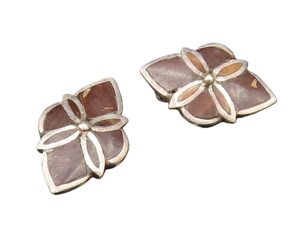 925 Sterling Silver  Vintage Inlaid Tiger's Eye Non Pierced Earrings  EG12004