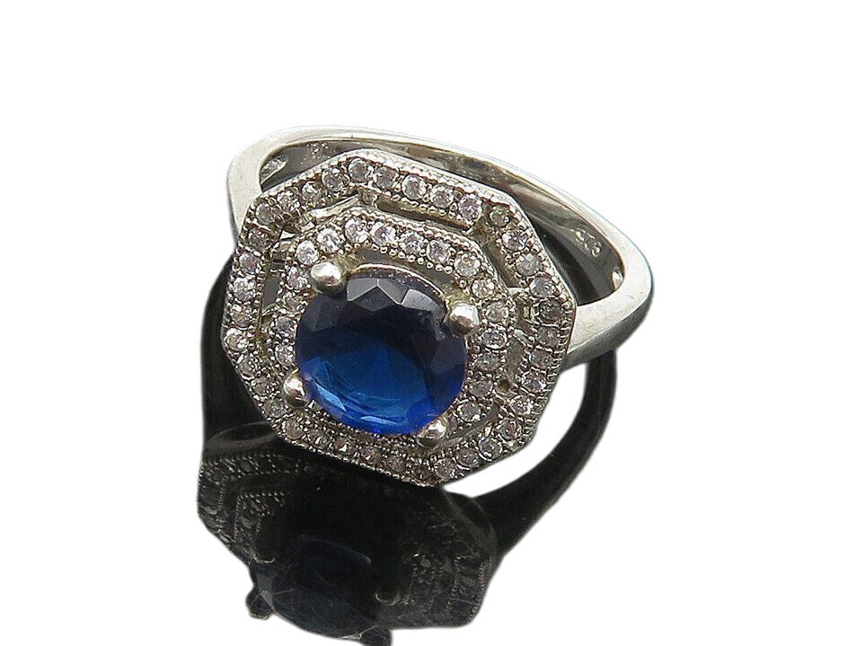 IAN GIBSON 925 Silver  Blue & White Topaz Octagon Band Ring Sz 7  RG18250