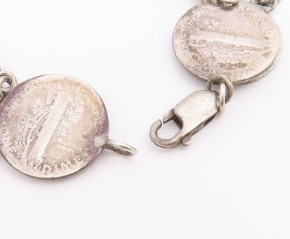 925 Sterling Silver Vintage Bracelet Classic US Mercury Dime Coin Link  BT12219