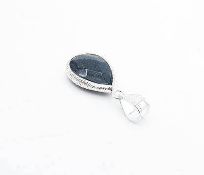 925 Sterling Silver  Faceted Sapphire Shiny Etched Tear Drop Pendant  PT3122