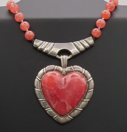925 Silver Vintage Designer Rhodochrosite Heart Beaded Heavy Necklace NE4142