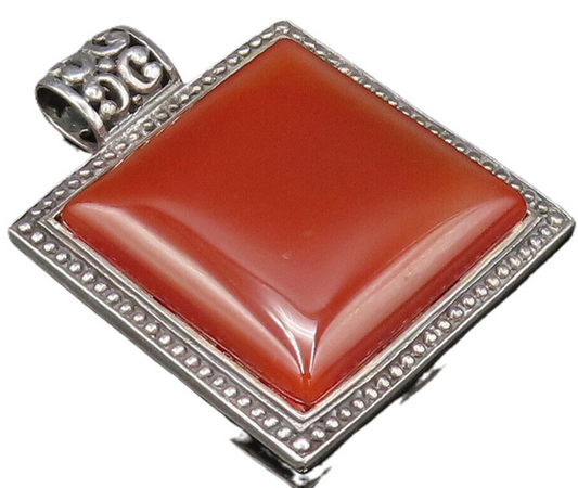 925 Sterling Silver  Vintage Dotted Edge Square Carnelian Pendant  PT21713
