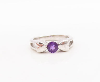 925 Sterling Silver Vintage Ring Round Cut Amethyst Carved Hearts  Sz 7  RG29466