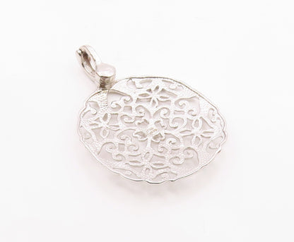 925 Sterling Silver  Vintage Shiny Floral Love Heart Pattern Pendant  PT19098