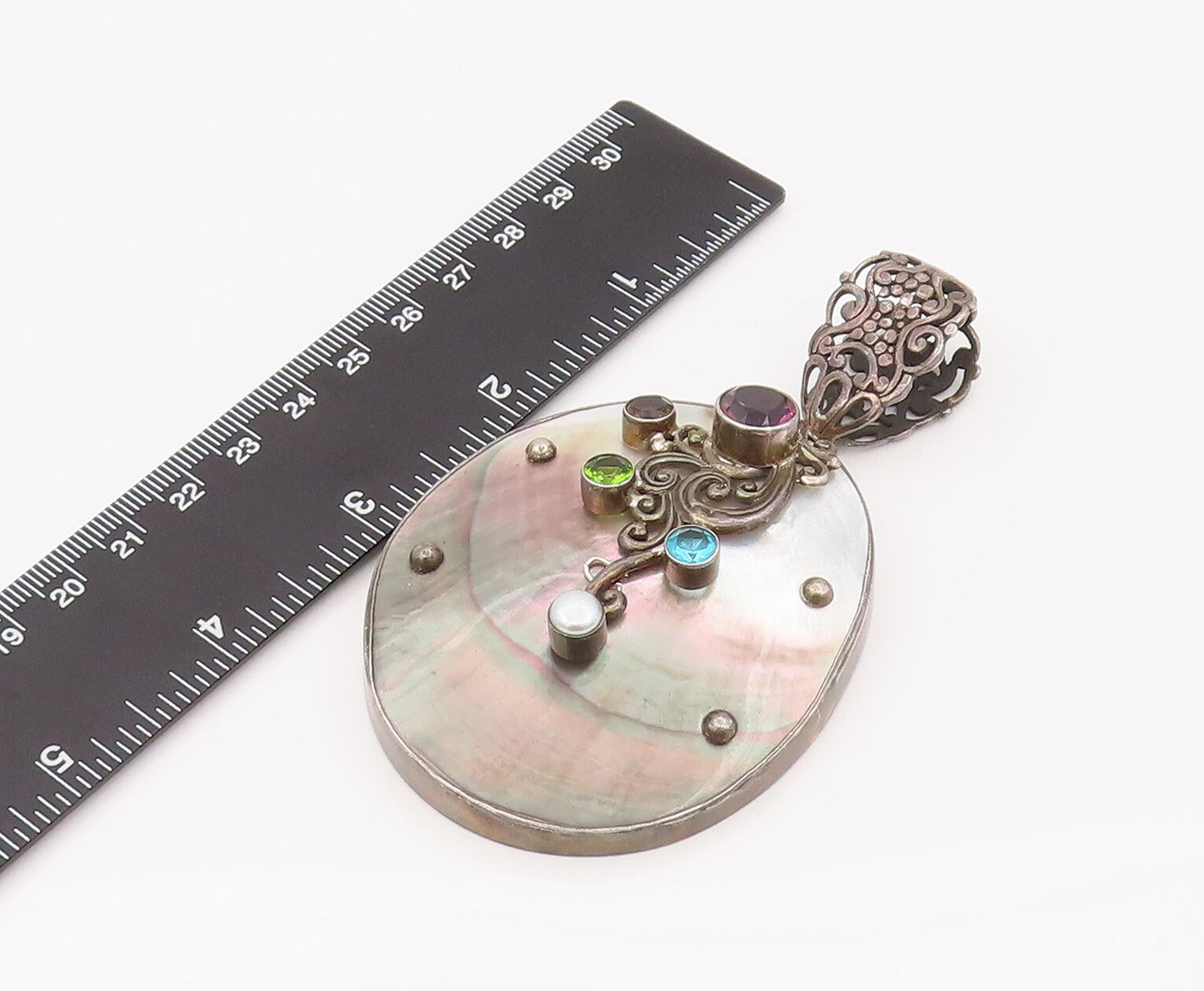 925 Silver  Vintage Abalone Shell Pearl Amethyst Peridot Topaz Pendant PT22227