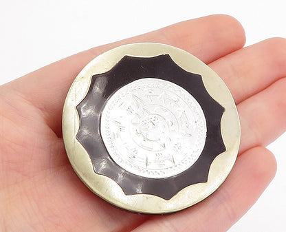 MEXICO 925 Sterling Silver  Vintage Black Onyx Sun Calendar Brooch Pin  BP1682