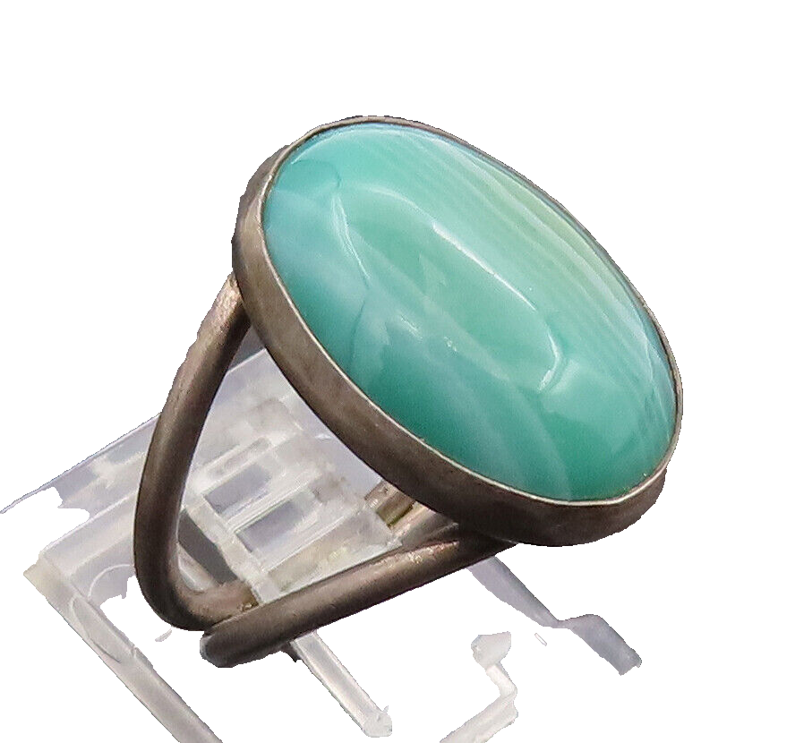 925 Sterling Silver Vintage Cabochon Oval Moss Agate Split Band Sz 5.5  RG27622