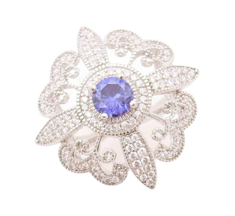 925 Sterling Silver Vintage Ring Flower Cutout Sapphire & CZ Inlay  Sz 7 RG30749