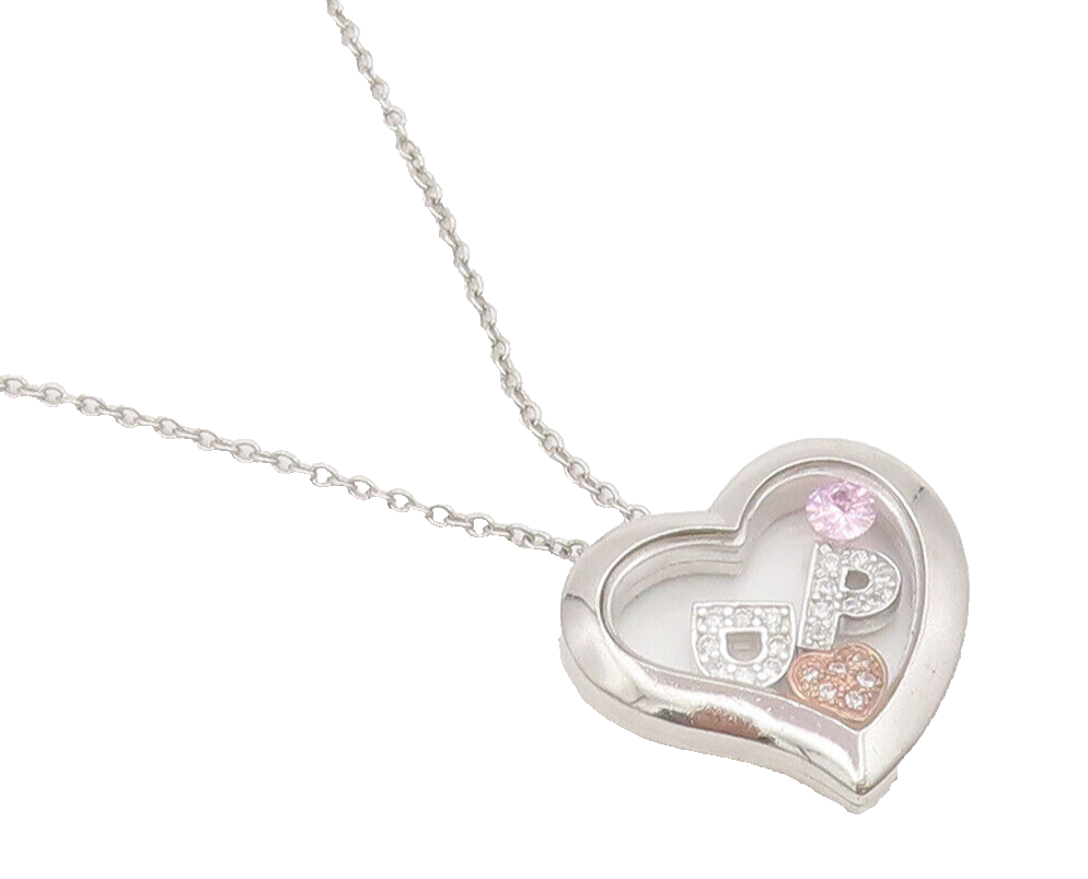 925 Silver  Vintage Heart Caged Letters Charms CZ Chain Necklace  NE4035