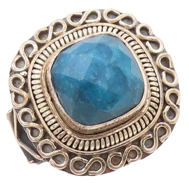 925 Sterling Silver Vintage Ring Swirly Carved Square Cut Gemstone  Sz 7 RG30598