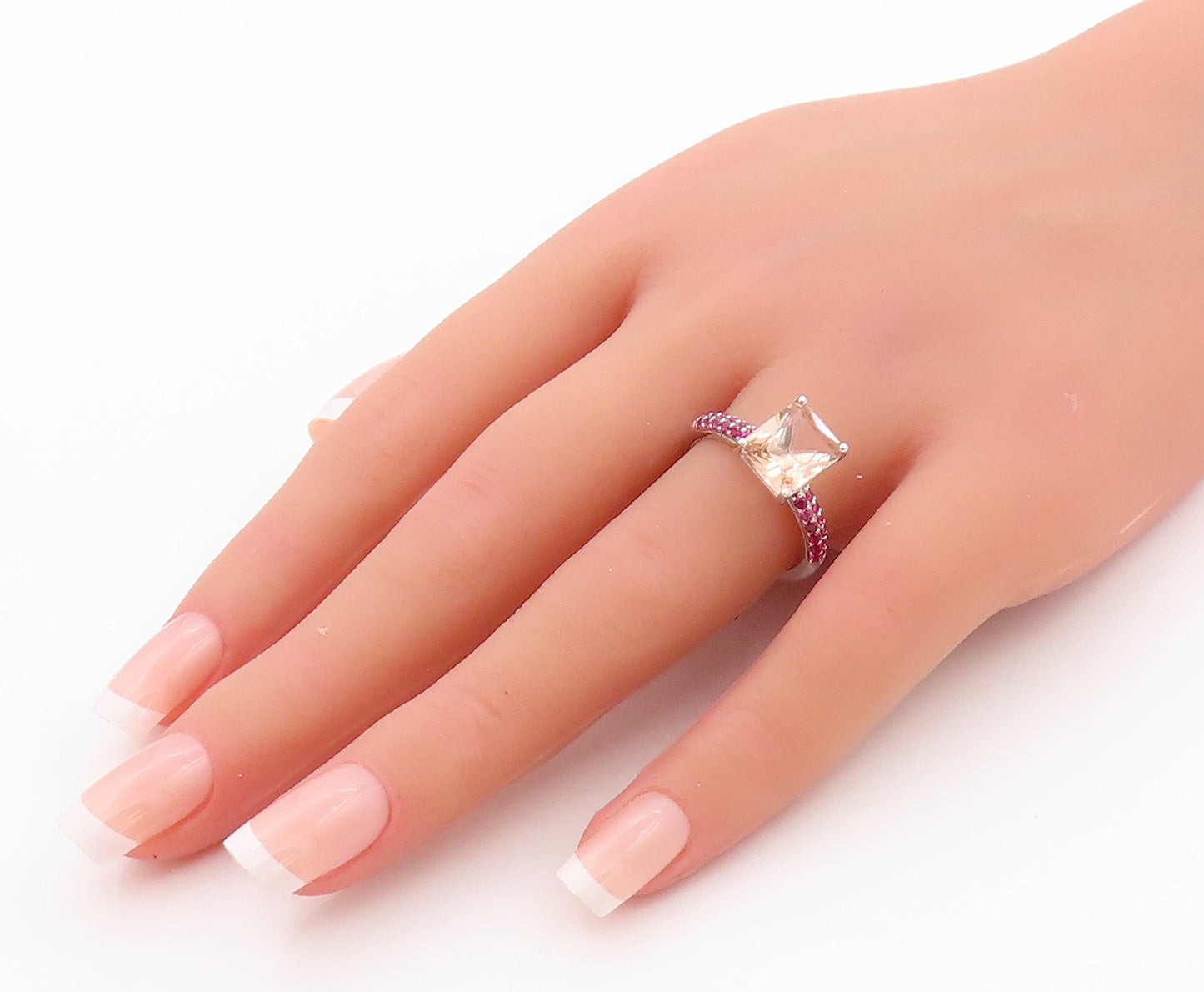 925 Sterling Silver Vintage Ring Rectangle Morganite Pink CZ Band  Sz 7  RG32491
