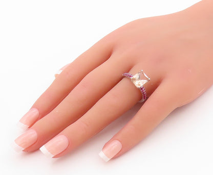925 Sterling Silver Vintage Ring Rectangle Morganite Pink CZ Band  Sz 7  RG32491