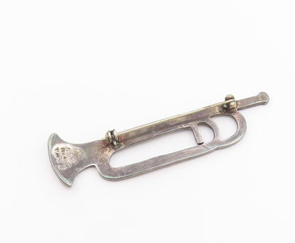 MEXICO 925 Silver  Vintage Musical Instrument Solid Trumpet Brooch Pin BP10479