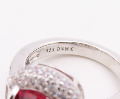 925 Sterling Silver Vintage Ring Oval Cut Red Halo White Topaz  Sz 7  RG30730