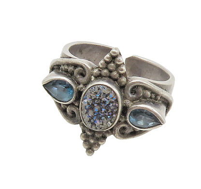 SAJEN 925 Silver  Vintage Druzy Stone & Blue Topaz Band Ring Sz 9  RG17522