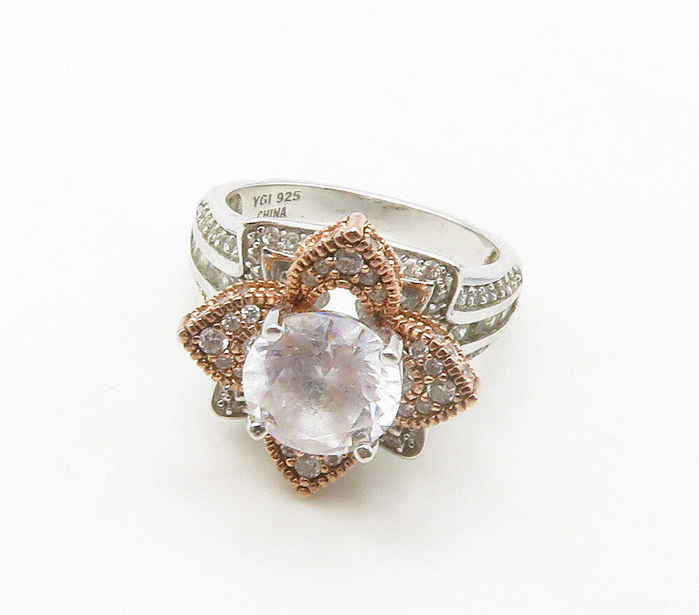 925 Sterling Silver  Topaz Two Tone Flower Motif Cocktail Ring Sz 6  RG16765