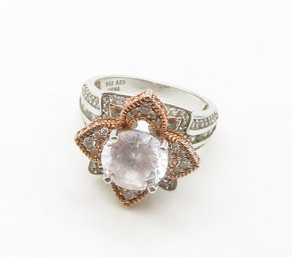 925 Sterling Silver  Topaz Two Tone Flower Motif Cocktail Ring Sz 6  RG16765