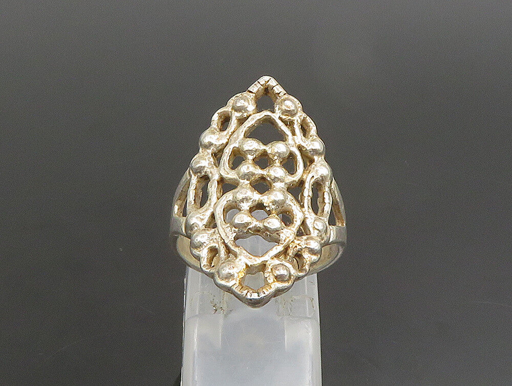 925 Sterling Silver  Vintage Open Beaded Detail Navette Ring Sz 7.5  RG25134