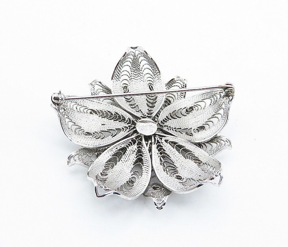 ESPO 925 Silver  Vintage Cubic Zirconia Filigree Flower Brooch Pin  BP2853