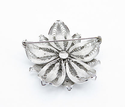 ESPO 925 Silver  Vintage Cubic Zirconia Filigree Flower Brooch Pin  BP2853