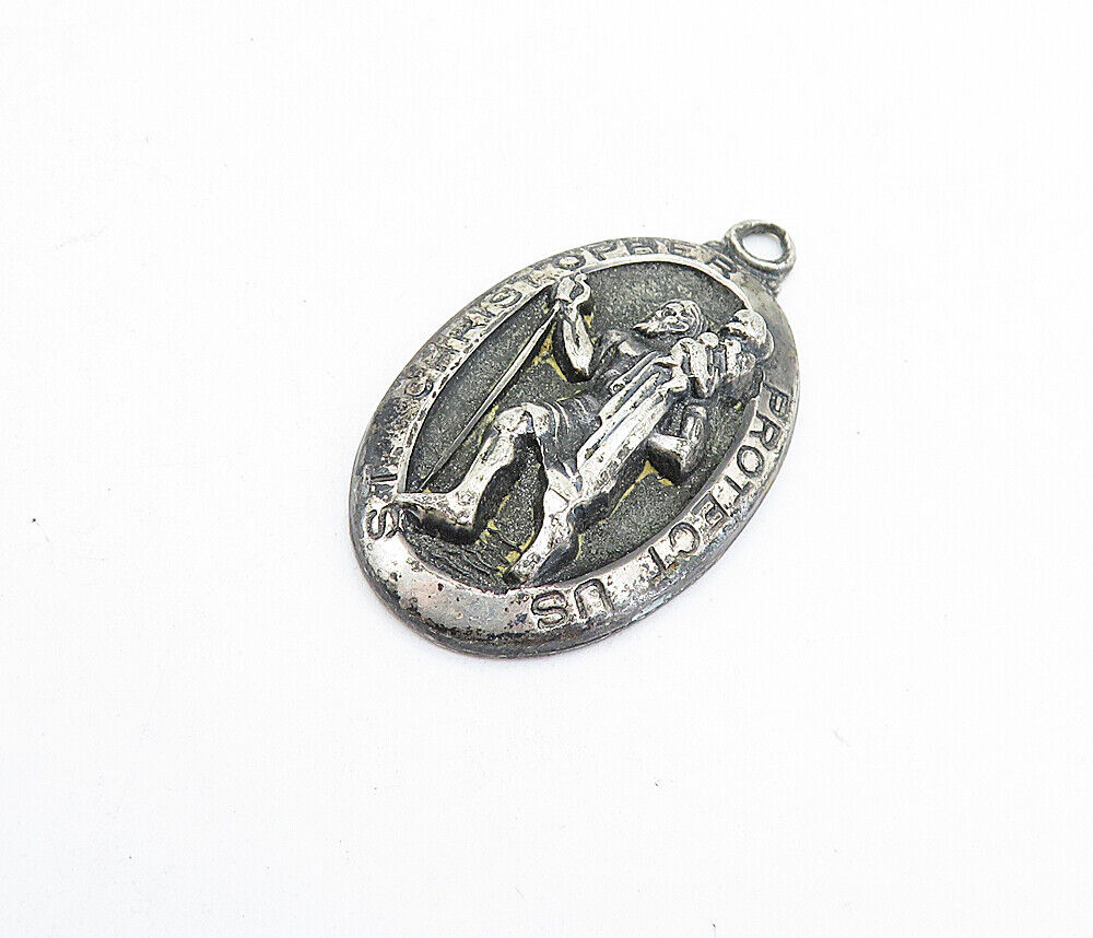 CREED 925 Silver  Vintage Antique Saint Christopher Prayer Pendant  PT4497