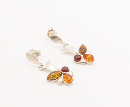 925 Sterling Silver Vintage Earrings Cabochon Honey Amber Flying Bee  EG13102
