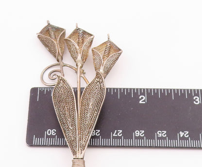 925 Sterling Silver  Vintage Antique Filigree Swirl Flowers Brooch Pin  BP6396