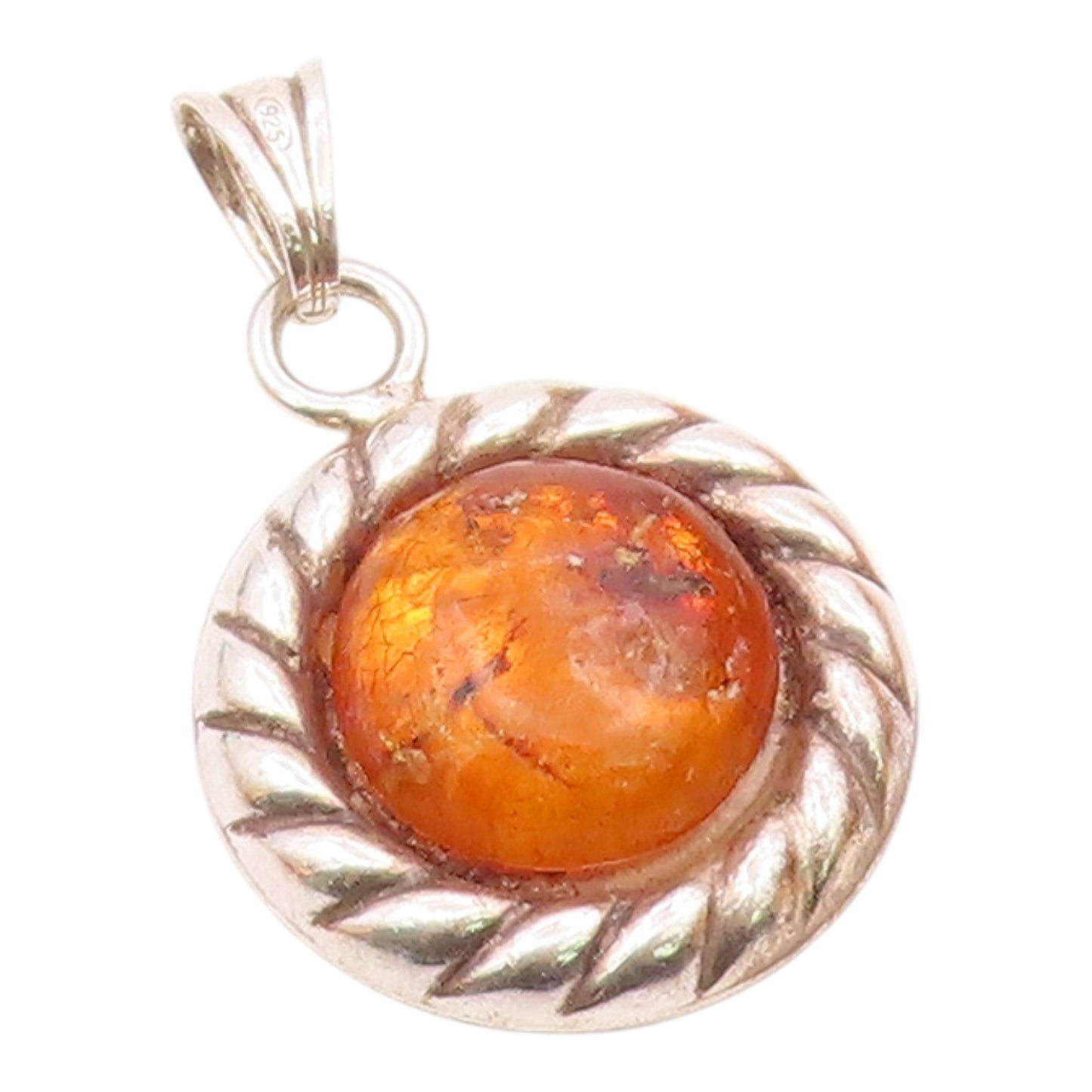 925 Sterling Silver  Vintage Cabochon Cut Amber Shiny Twist Pendant  PT10116