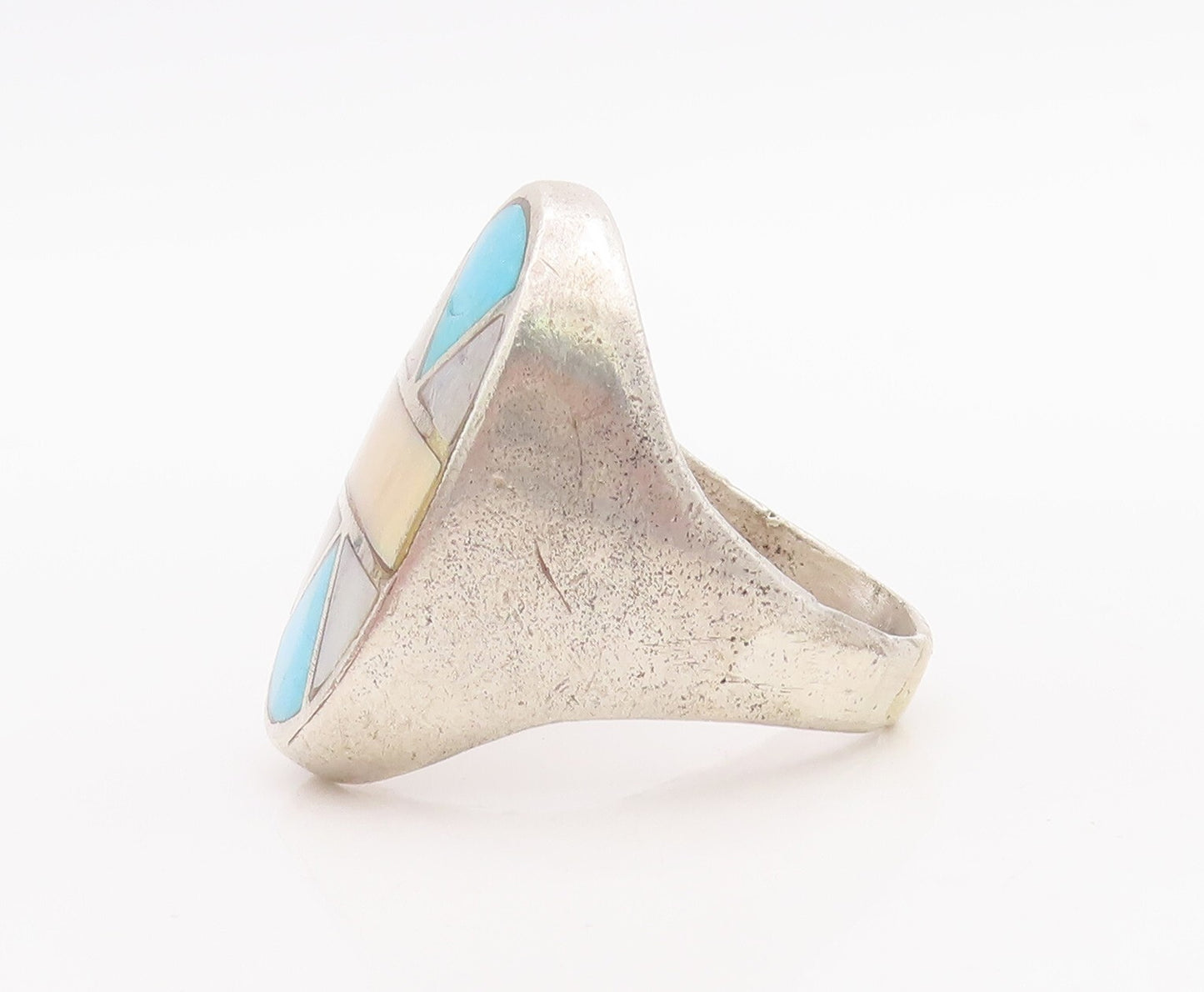 925 Sterling Silver Vintage Ring NAVAJO ZUNI Large Gemstones Inlay Sz 10 RG28895