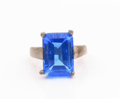 925 Sterling Silver Vintage Ring Classic Blue CZ Solitaire Band  Sz 9  RG35481