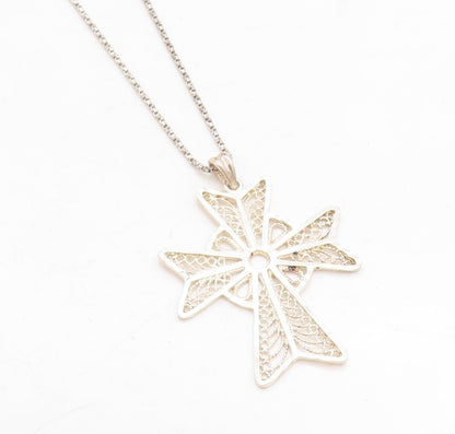 925 Sterling Silver  Vintage Shiny Filigree Cross Chain Necklace  NE2200