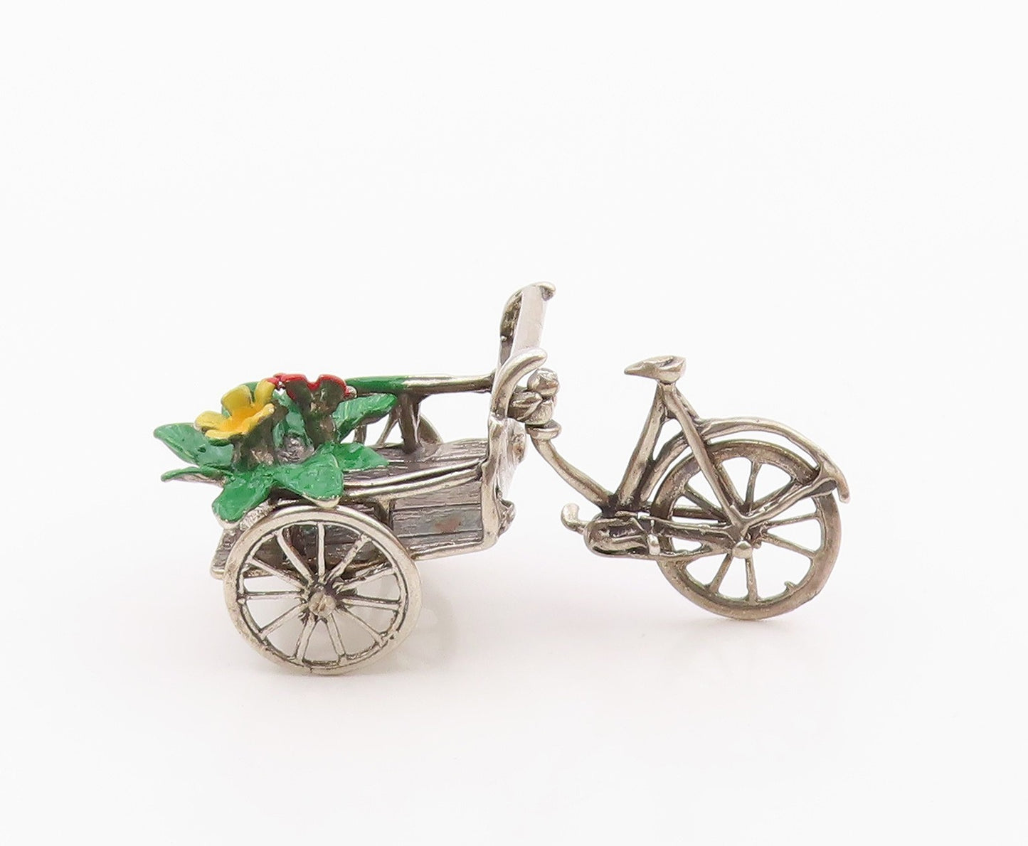 925 Sterling Silver  Vintage Enamel Flowers on Bicycle Wagon Trinket  TR2746