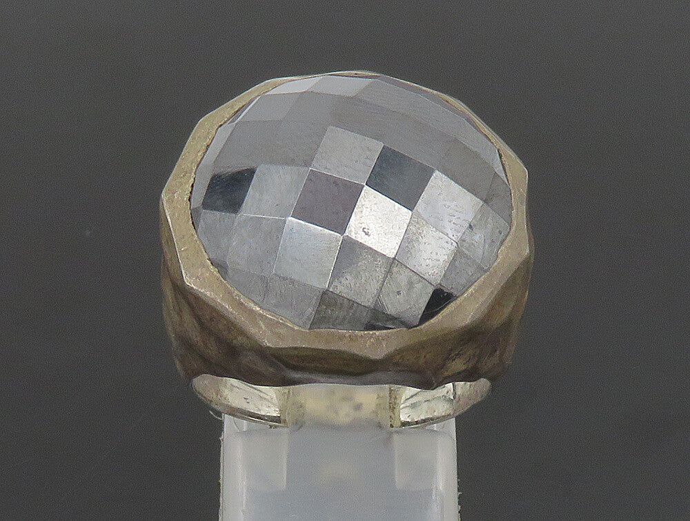 925 Sterling Silver  Vintage Round Hematite Hammered Dome Ring Sz 9  RG24519