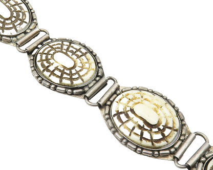 925 Sterling Silver Vintage Large Oval Carved Stone Chain Bracelet BT5528