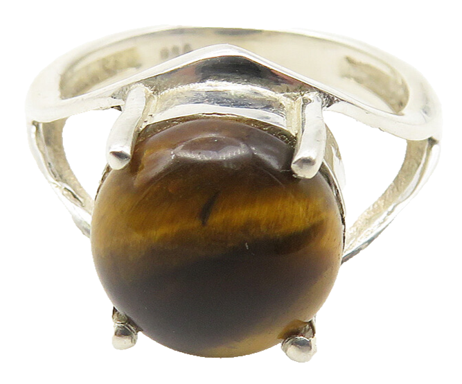 925 Sterling Silver  Cabochon Cut Tiger's Eye Shiny Band Ring Sz 6  RG11590