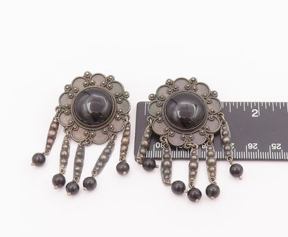 925 Sterling Silver Vintage Earrings Floral Carved Onyx Beaded Dangles  EG12916