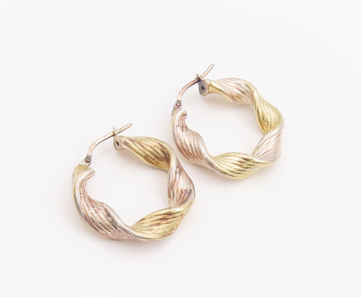 925 Sterling Silver Vintage Earrings Designer Grooved Twisted Hoops  EG13033